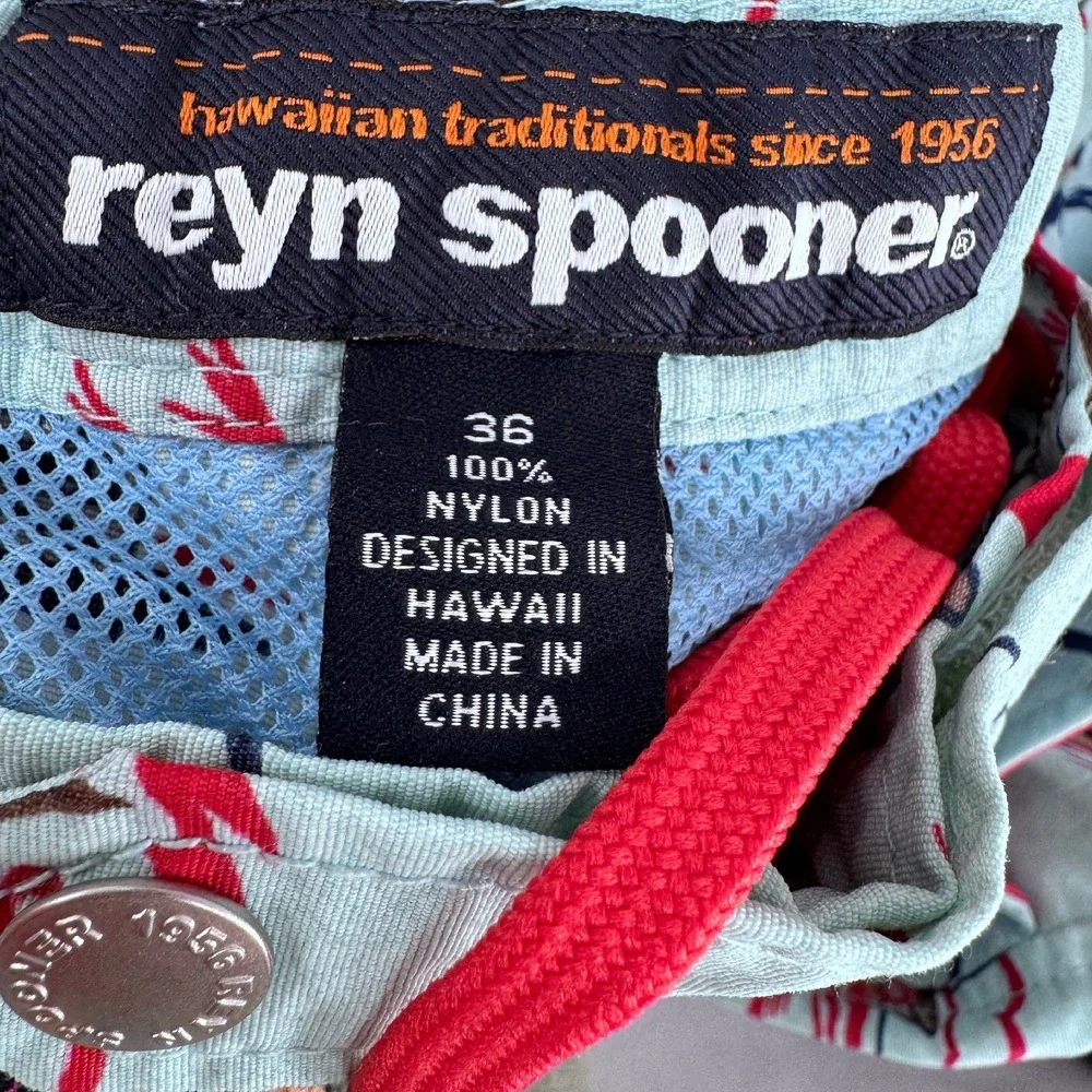 Reyn Spooner Swim Trunks Hawaiian Print Beach Shorts Blue Red Size 36 Vintage‎